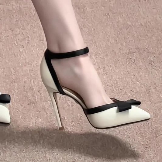 Fashionable, Bold and Beautiful DressTemperament Pointed Toe Shallow Mouth Bow High Heels Women's Summer New One-word Buckle Strap Baotou Sandals - Just The Fly Way
