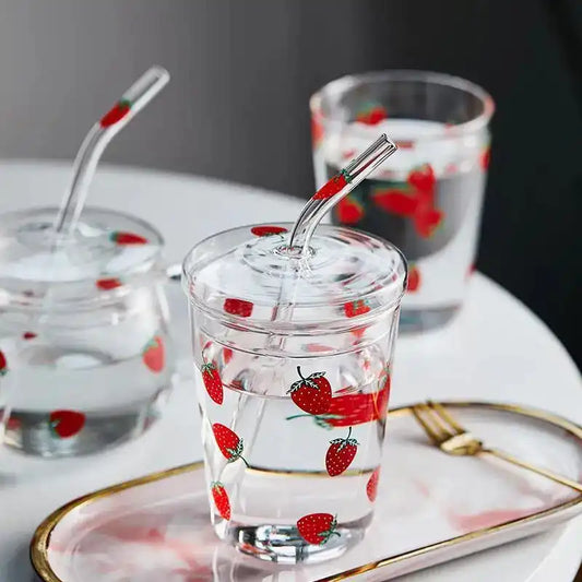 Cute Heat Resistant Strawberry Glass Cups with Lid and Straw - Perfect for Drinks! - Just The Fly Way