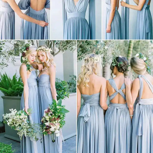 Bridesmaid Dress - Convertible Gown | Floor-Length, Sleeveless in grey-blue shown in multiple wrap styles including halter and crisscross back.