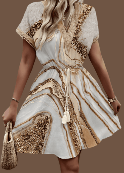 Spring/Summer Print with Bat Sleeves, Lace V-Neck, Waist Waist Large Hem, Mid Length Dress - Just The Fly Way
