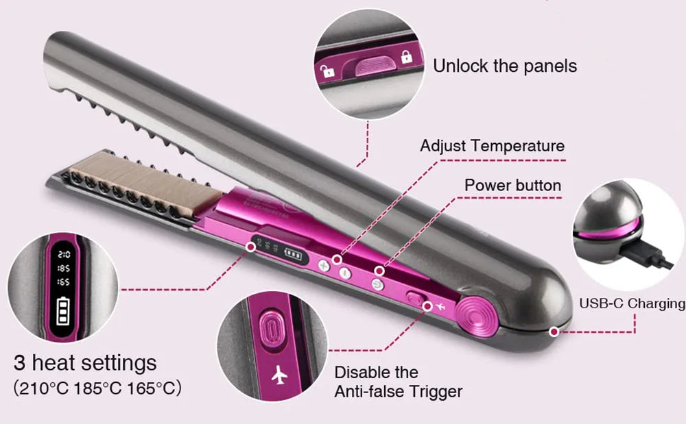 USB Rechargeable Wireless Hair Straightener Curling Iron Styling Tool Tourmaline Ceramic Dry & Wet Use Hair Styler - Just The Fly Way
