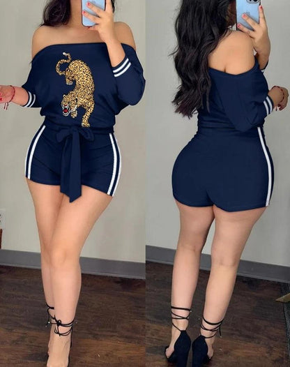 Printed, Off Shoulder, Tied Sash At Waist, Shorts Romper - Just The Fly Way
