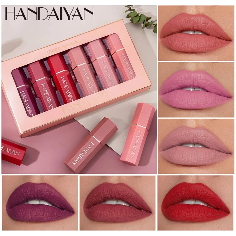 Fashionable, Bold and Beautiful DressHANDAIYAN 6Pcs/Box Velvet Matte Lipstick Kit Lips Makeup Nude Lip Stick Make Up Cosmetics Foggy Matt Tint Lip Balm Cream Pigment