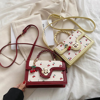 Fashionable, Bold and Beautiful DressWomen Cherry Square Chain Bag PU Leather Sweet Cherry Crossbody Bag Adjustable Strap Cherry Pattern Sling Bag Ladies Outdoor Bag
