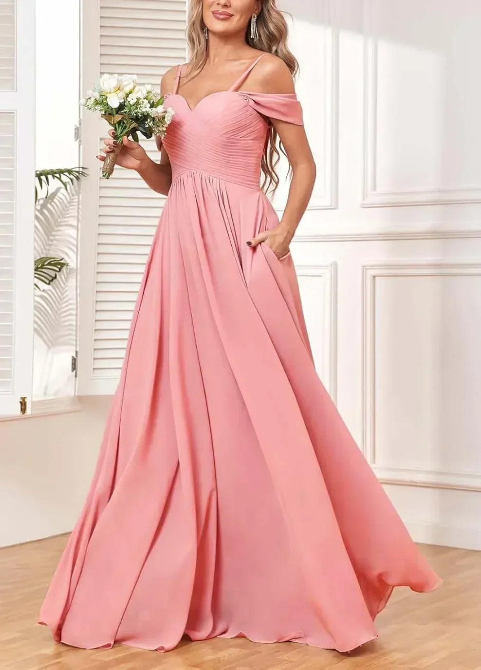 Off The Shoulder, Formal Chiffon Pleated Formal Long Length Evening Gown Customizable - Just The Fly Way