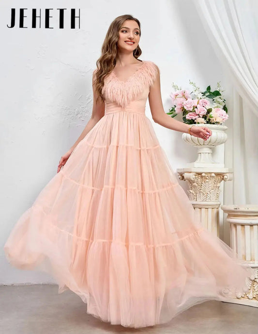 JEHETH Elegant A-Line Prom Dress Sexy Puffy Feather Sleeve Party Dress Backless Long Evening Party Bridesmaids Gowns Customized