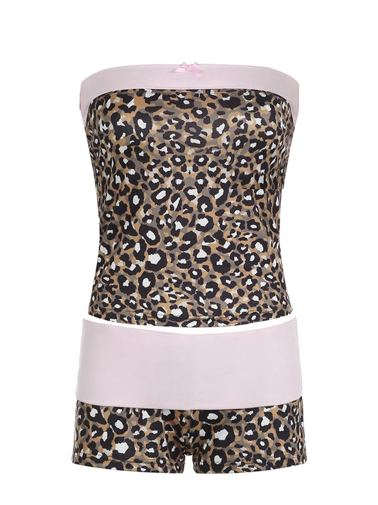 Leopard Print Patchwork Tube Top and Low Waisted Short Set - Just The Fly Way