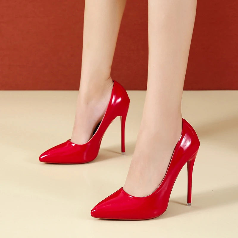 Fashionable, Bold and Beautiful DressTemperament 12cm Super High Thin Heels Shoes Women Pumps Pointed Toe Colorful Patent Leather Stiletto Wedding Shoe Size 45