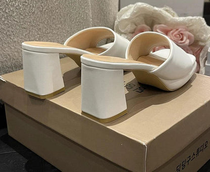Women's Slide Shoes With Chunky Heels And Peep Toe Design - Just The Fly Way