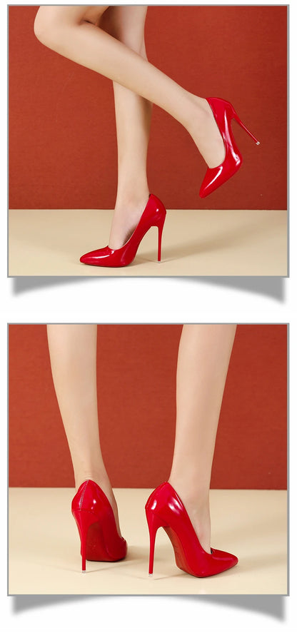Fashionable, Bold and Beautiful DressTemperament 12cm Super High Thin Heels Shoes Women Pumps Pointed Toe Colorful Patent Leather Stiletto Wedding Shoe Size 45