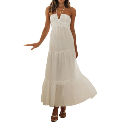 Elegant Sleeveless Maxi Dress with Halter Neckline and Backless Design Perfect for Summer Beach Parties and Casual Events - Just The Fly Way