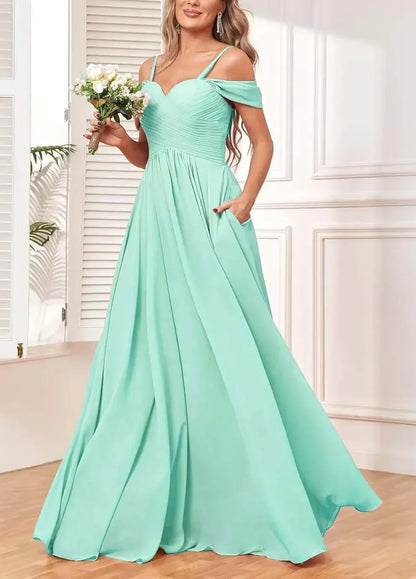 Off The Shoulder, Formal Chiffon Pleated Formal Long Length Evening Gown Customizable - Just The Fly Way