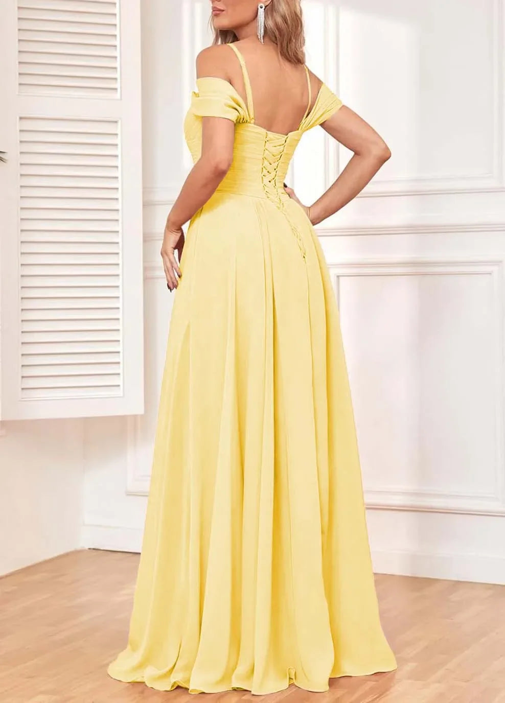 Off The Shoulder, Formal Chiffon Pleated Formal Long Length Evening Gown Customizable - Just The Fly Way