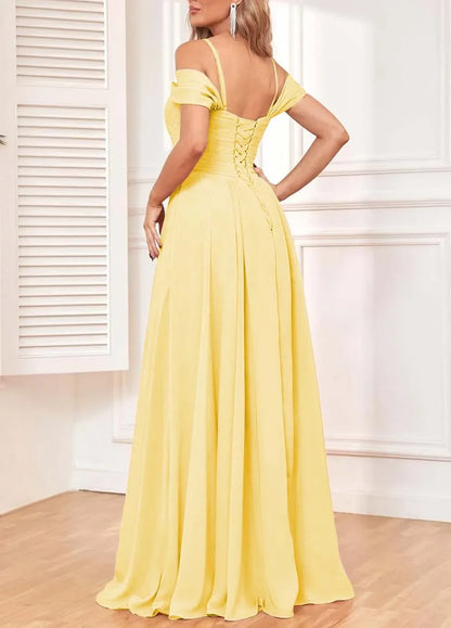 Off The Shoulder, Formal Chiffon Pleated Formal Long Length Evening Gown Customizable - Just The Fly Way