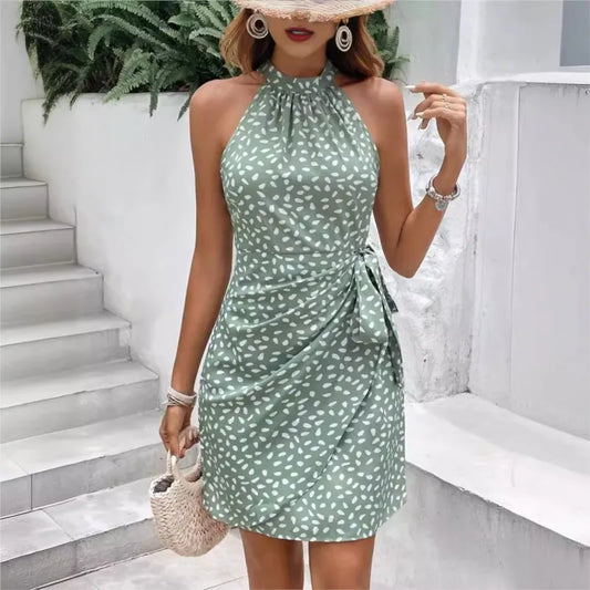 Women's Summer Fashion Hanging Neck Zipper Sleeveless Floral Pleated Short Dress Sexy Off Shoulder Lace-Up Mini Dress Vestidos - Just The Fly Way