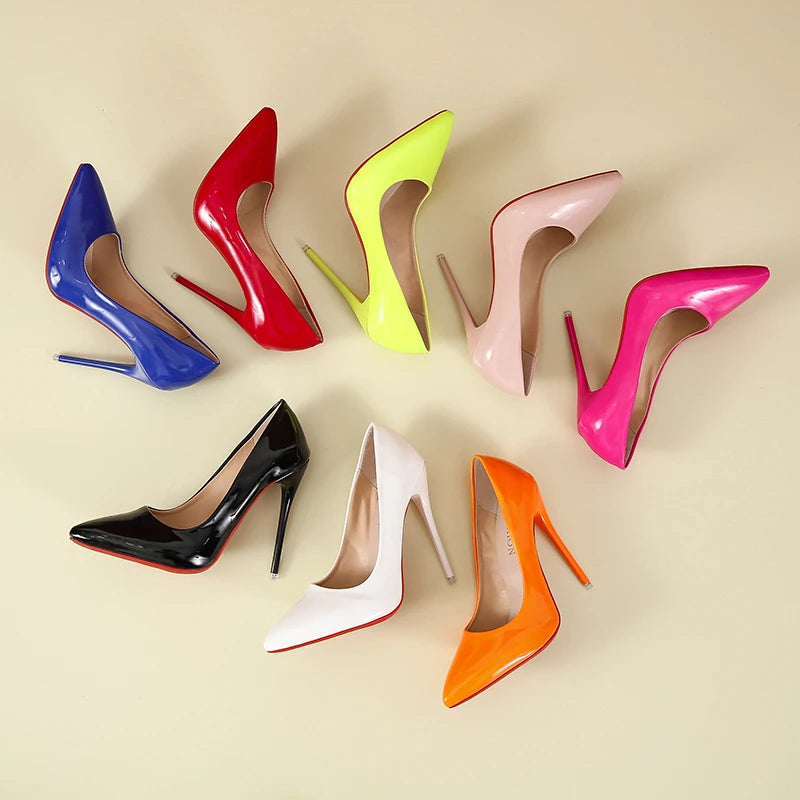 Fashionable, Bold and Beautiful DressTemperament 12cm Super High Thin Heels Shoes Women Pumps Pointed Toe Colorful Patent Leather Stiletto Wedding Shoe Size 45