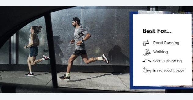 Two people running on a road with a product feature card on the right.