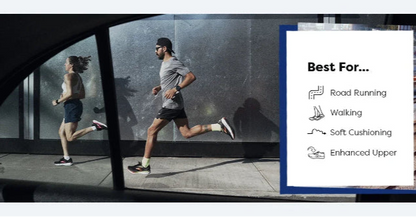Two people running on a road with a product feature card on the right.