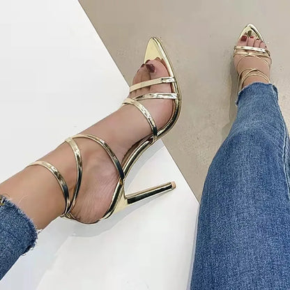 Large Size Women Sandals Fashion Summer Sexy Pumps 8cm Open Toe Ankle Straps Stilettos High Heels Party Dress Red Wedding Shoes