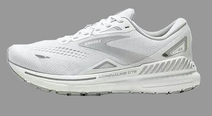 White running shoe with gray accents on a white background
