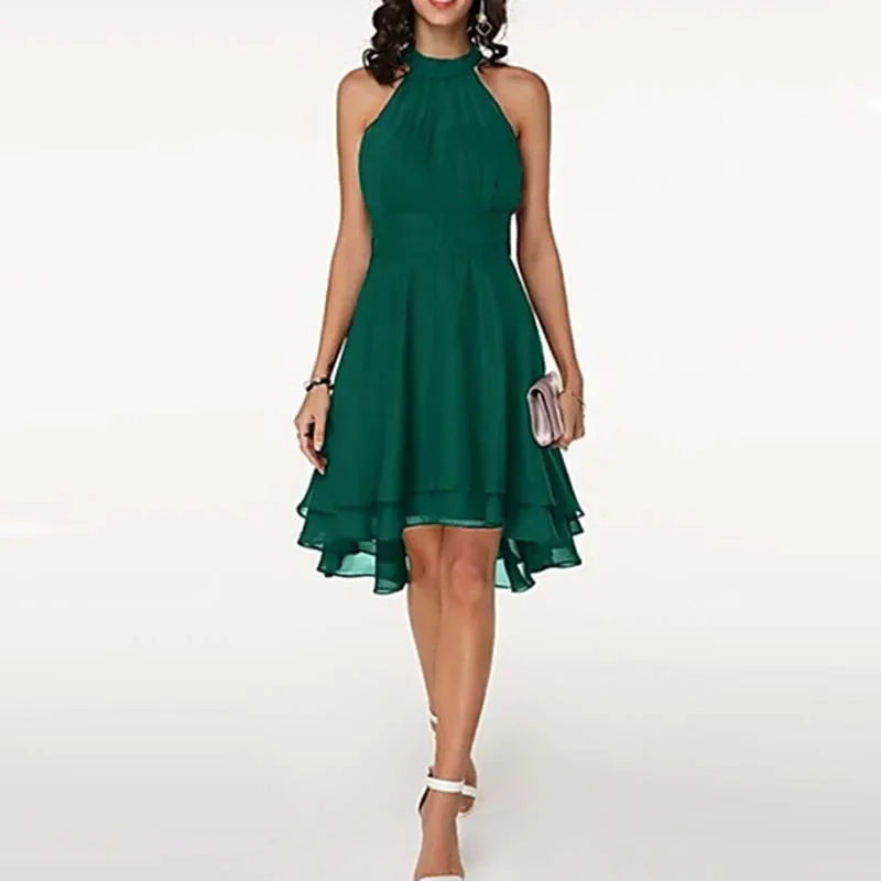 Elegant Solid Color, High Waist, Halter Top, Sleeveless Midi Dress with Cropped Layered Chiffon Slimming Dresses - Just The Fly Way