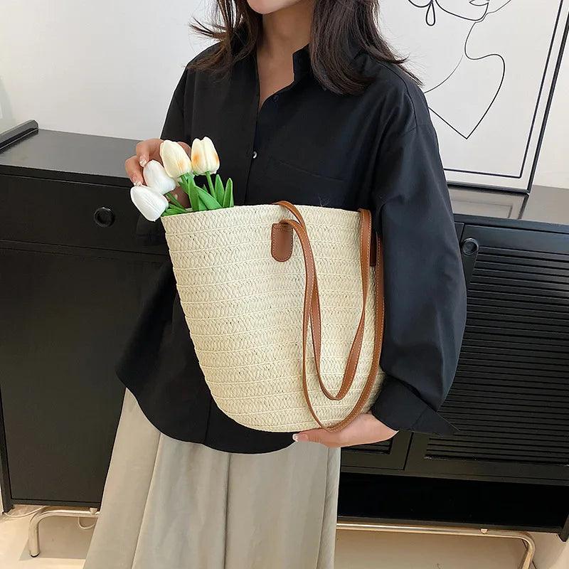 Women's Large Capacity Shoulder Bag with a Woven Basket Fashion - Just The Fly Way