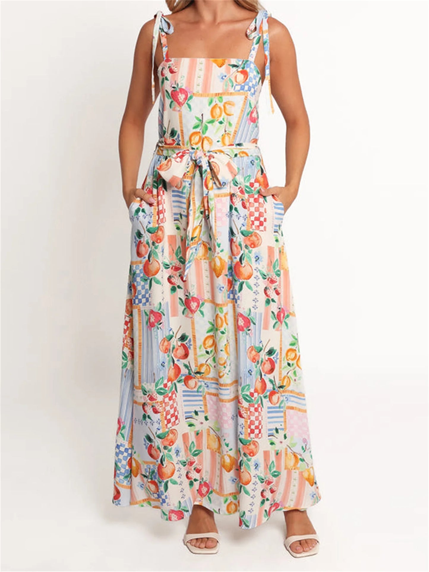 Women s Floral Print Sleeveless Maxi Dress with V-Neckline and Adjustable Spaghetti Straps for Summer Beach Wedding Party - Just The Fly Way