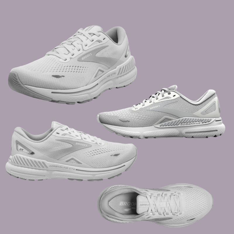 White running shoes with Brooks Adrenaline GTS 23 branding on a white background