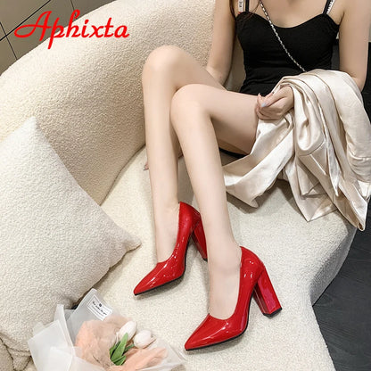 Women's Patent Leather 10cm Square Heel Shoes by Aphixta - Extended Sizes 31-50