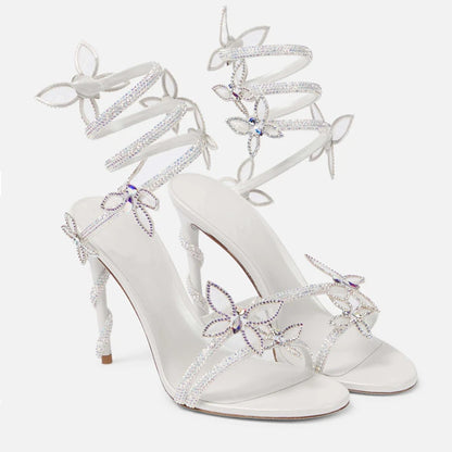 Fashionable, Bold and Beautiful DressLuxury Crystal Embellished Butterfly Detail Women Sandals Sexy Coiled Strap Thin High heels Gladiator sandals Summer Party Shoes