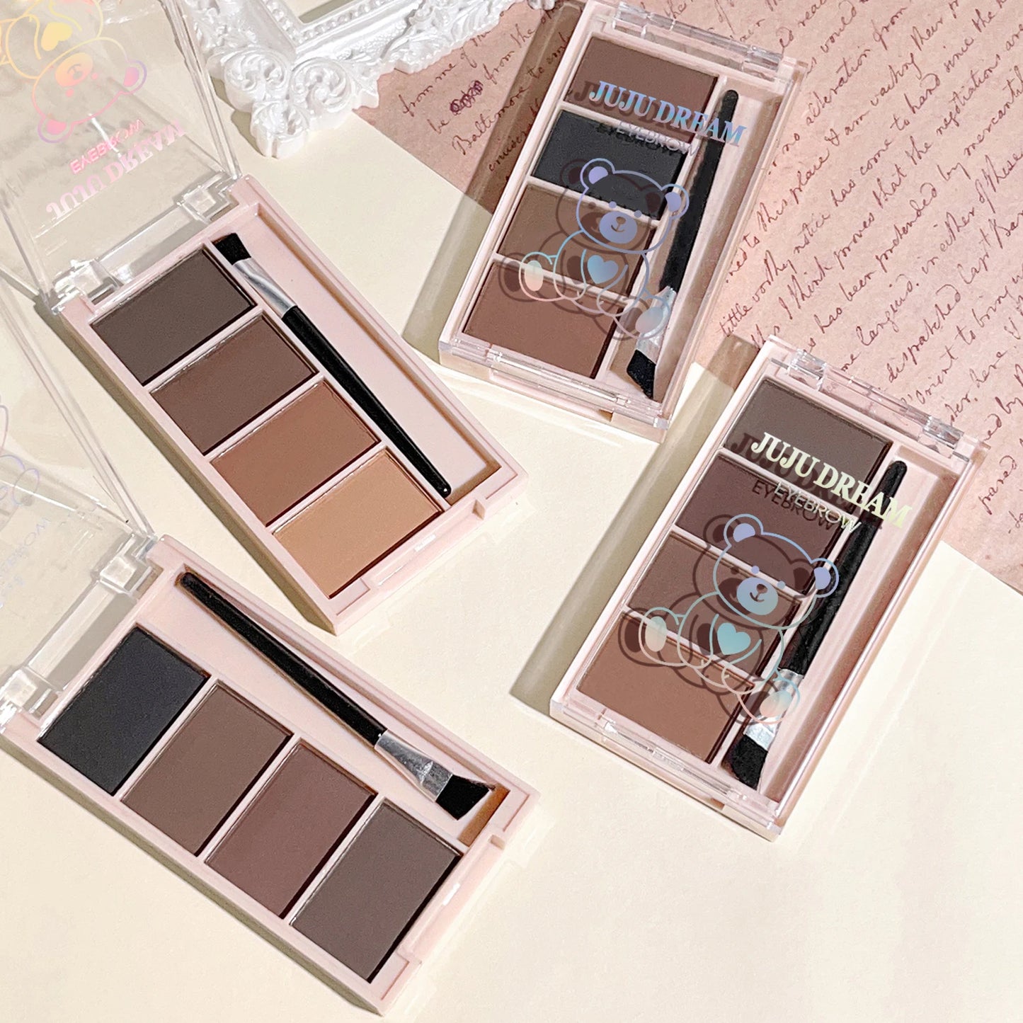 Fashionable, Bold and Beautiful DressA set of 4-color eyebrow powder trays with brushes in gray and brown matte tones for long-lasting color rendering, filling and s