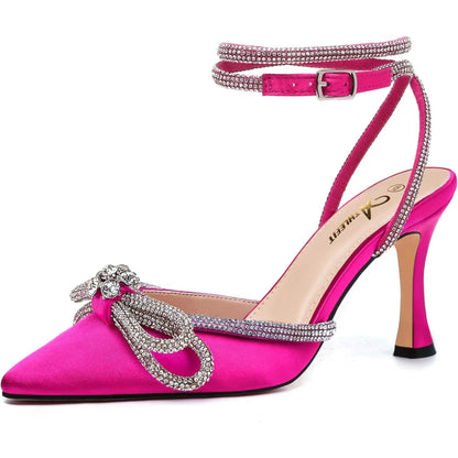 Women's Rhinestone Bow Heels Ankle Strap Pointed Toe Stiletto Heeled Sandals Wedding Bridal Dress Pumps Shoes - Just The Fly Way