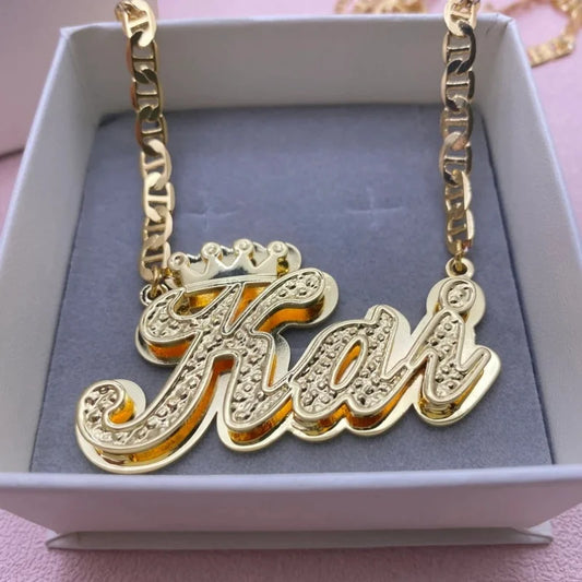Fashionable, Bold and Beautiful DressCustom 3D Name Necklace with Crown Personalized Double Layer Pendant Flat Chain Stainless Steel Jewelry For Women - Just The Fly Way