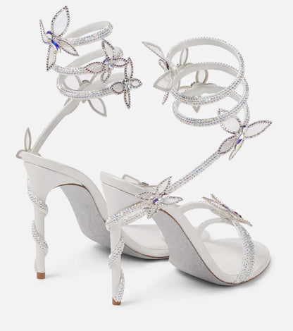 Fashionable, Bold and Beautiful DressLuxury Crystal Embellished Butterfly Detail Women Sandals Sexy Coiled Strap Thin High heels Gladiator sandals Summer Party Shoes