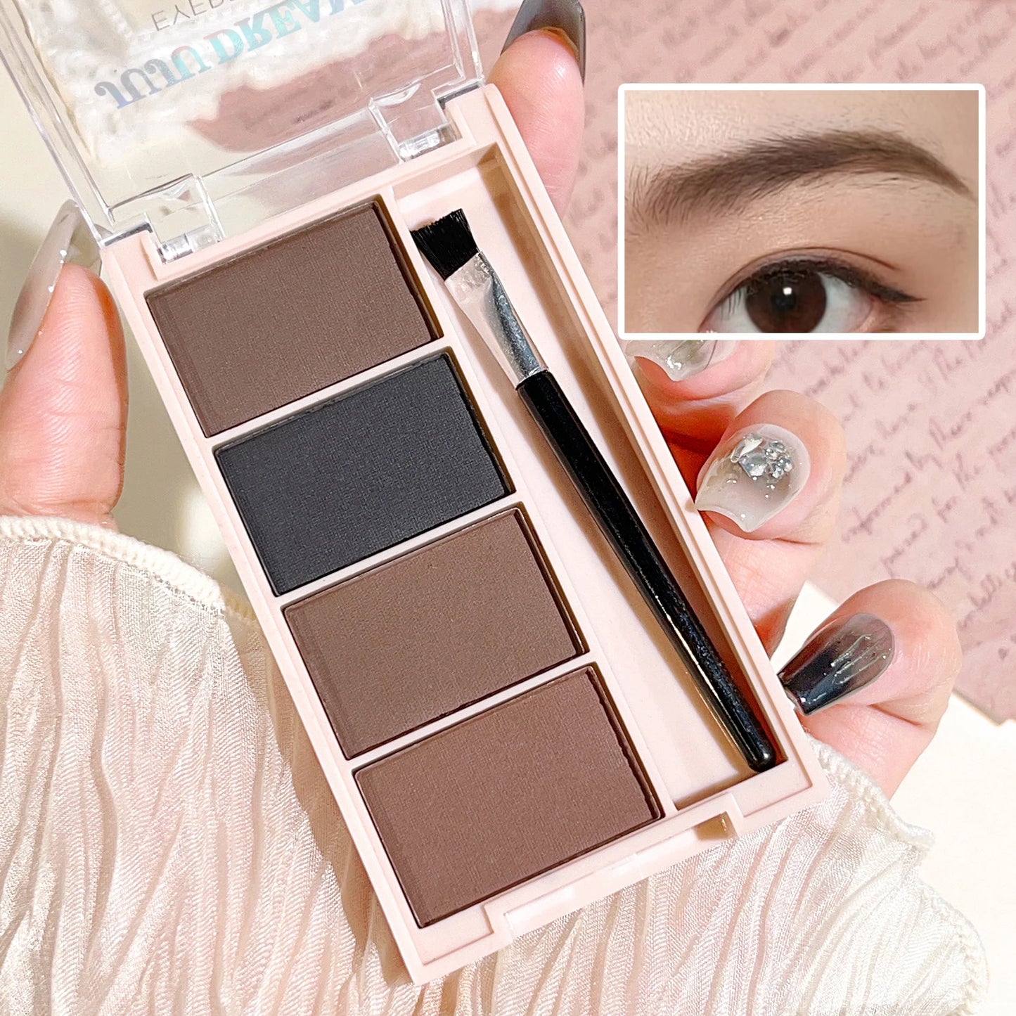 Fashionable, Bold and Beautiful DressA set of 4-color eyebrow powder trays with brushes in gray and brown matte tones for long-lasting color rendering, filling and s