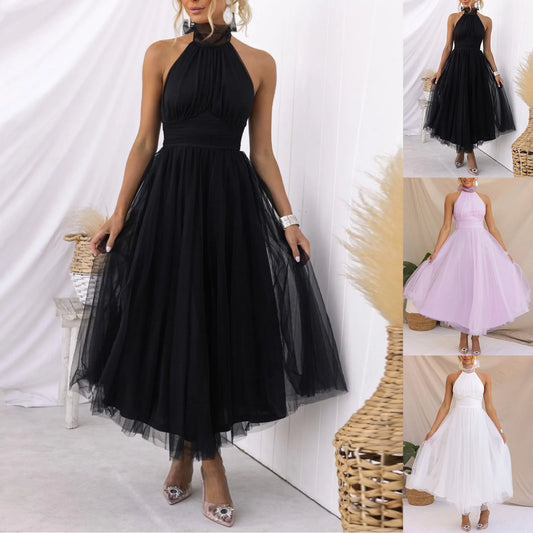 Sexy Halter Holiday Party Dress Women Off Shoulder Mesh Backless Pleated Dress White Vestidos Formal Wedding Gown Long Dress - Just The Fly Way