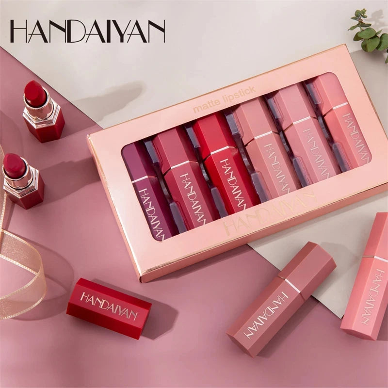 Fashionable, Bold and Beautiful DressHANDAIYAN 6Pcs/Box Velvet Matte Lipstick Kit Lips Makeup Nude Lip Stick Make Up Cosmetics Foggy Matt Tint Lip Balm Cream Pigment