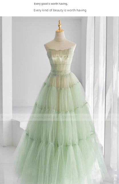 Green Tube Top Mori Style Evening Dress Female Classy Light Luxury Minority Host Birthday Adult Ceremony Princess Dress Light Wedding Dress