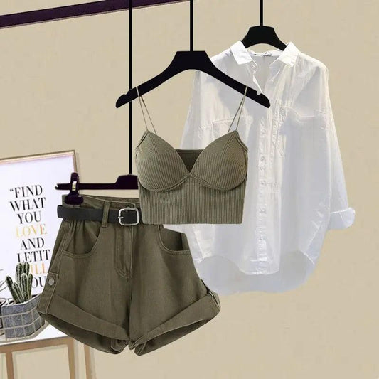 Women's Matching Three Piece Set, Shirt, High Waist Shorts Set - Just The Fly Way