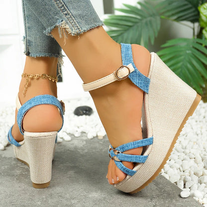 Women's Chunky Platform Wedge Sandals Non Slip Ankle Strap with Metal Cross on Band
