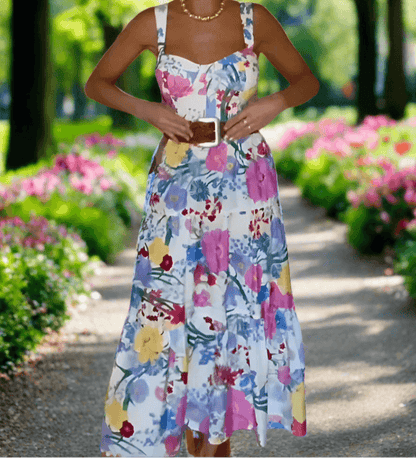 Colorful Printed Dress with a Square Neck Mid Rise and Sleeveless Hidden Zipper - Just The Fly Way