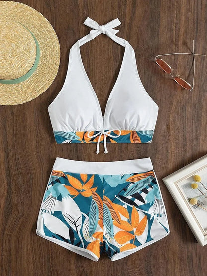 Fashionable, Bold and Beautiful DressHalter Bikini Set Short Swimsuit Women High Waist Swimwear Female Printed Bathers Swimming Bathing Swim Suit Beachwear