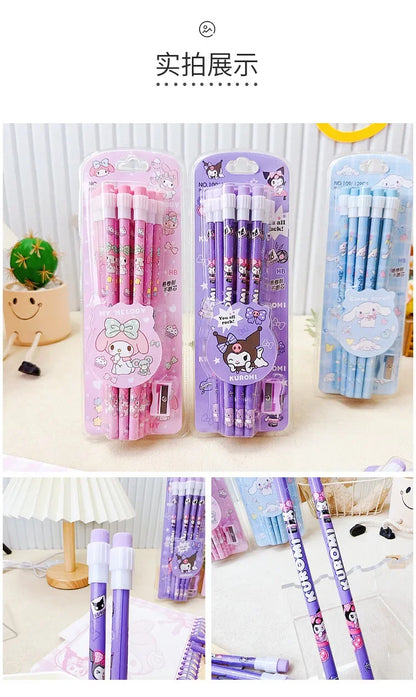 12pcs Sanrio Cute Pencils with Pencil Sharpener Featuring Kuromi, Cinnamoroll, and Melody – Perfect Return to School Anime Set - Just The Fly Way