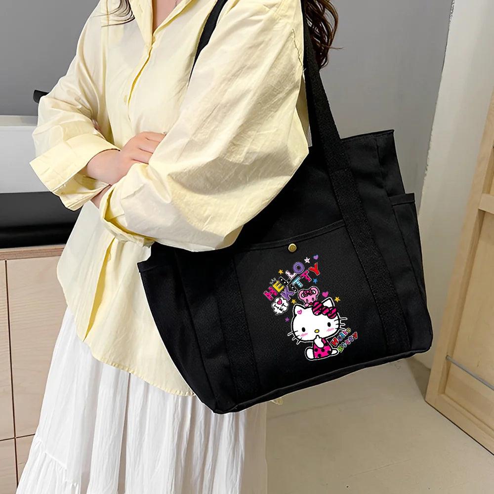 Hello Kitty Large Capacity Canvas Tote Available in Black, Beige, or Mustard, With A Variety Of Style Options - Just The Fly Way