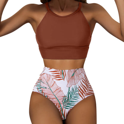 Fashionable, Bold and Beautiful DressWomen'S Tropical Printed Sexy Split Swimsuit Sports Tight Fitting High Waist Bikini Set High Elastic Swimwear Women'S Swimsuit