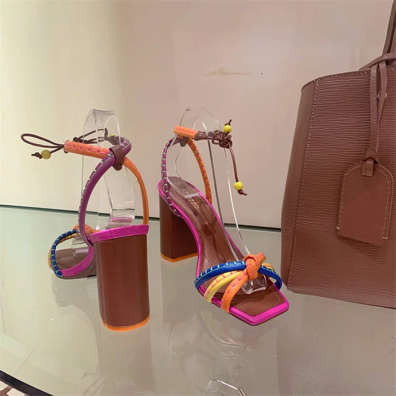 Fashionable, Bold and Beautiful DressBrazil Fashion Luxury Twist Woven Sandals Color Blocking Designer Brand Women's Shoes Thick with High Heel Sandals Female Casual