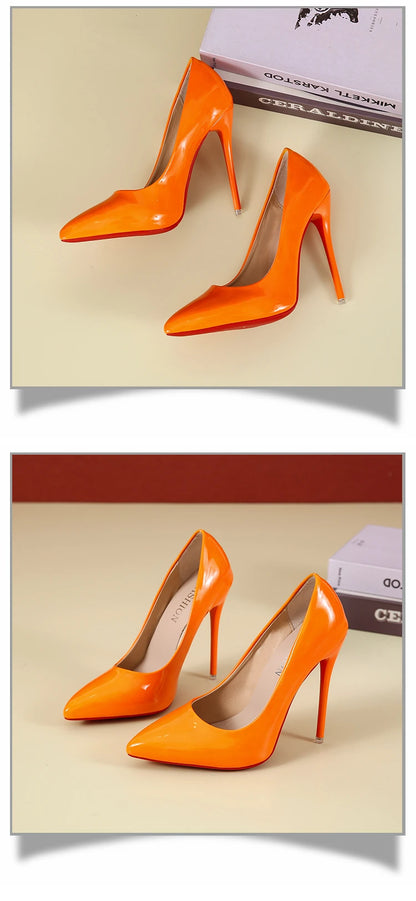 Fashionable, Bold and Beautiful DressTemperament 12cm Super High Thin Heels Shoes Women Pumps Pointed Toe Colorful Patent Leather Stiletto Wedding Shoe Size 45