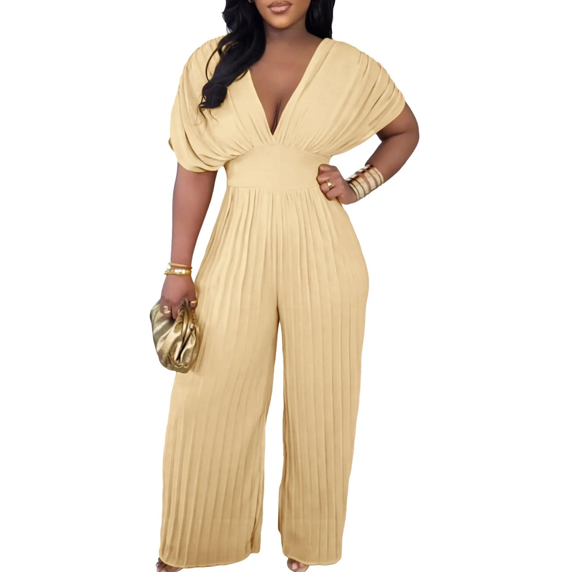 Elegant V-neck Solid Color Fashion Pleated Wide leg Jumpsuit, Pants Romper - Just The Fly Way