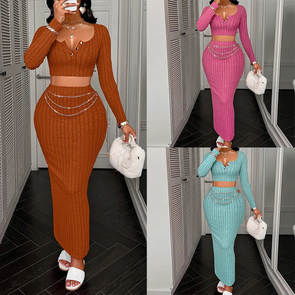 Two Piece Sets Women Skirt Set Full Sleeve Dress Sets Sexy U Neck Bodycon Short Tops Long Skirts Elegant Splice High Waist