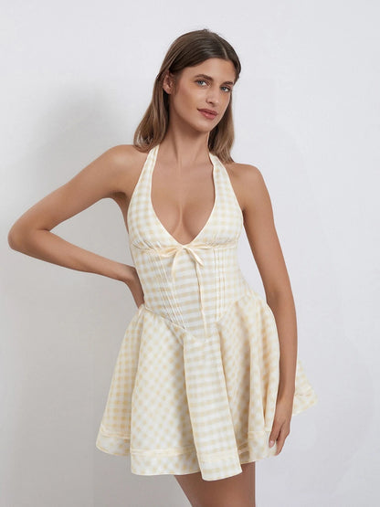 Elegant Lace-Up Halter Neck Dress with Flared Skirt and Open Back Design Perfect for Summer Parties and Events - Just The Fly Way